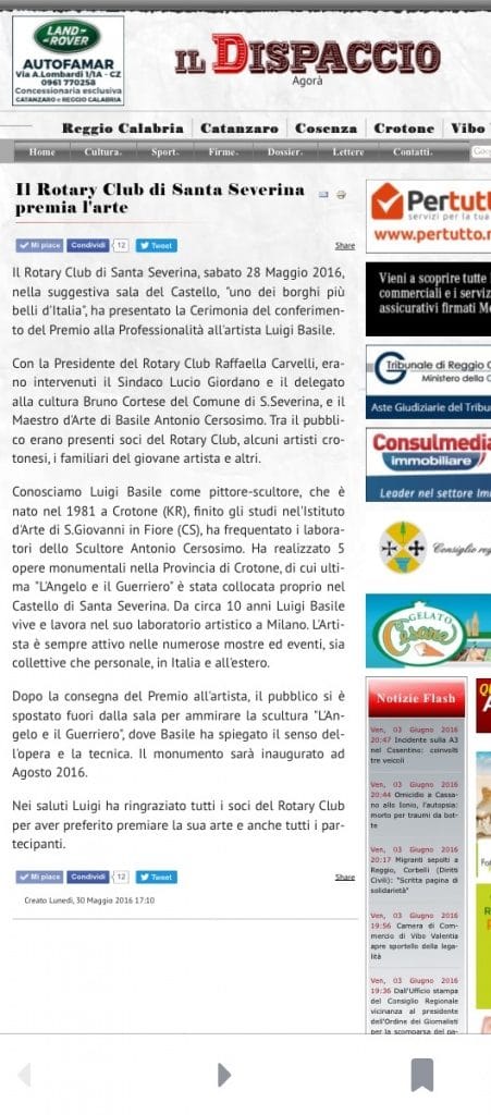 Rotary Club di Santa Severina premia Luigi Basile il 28 maggio 2016